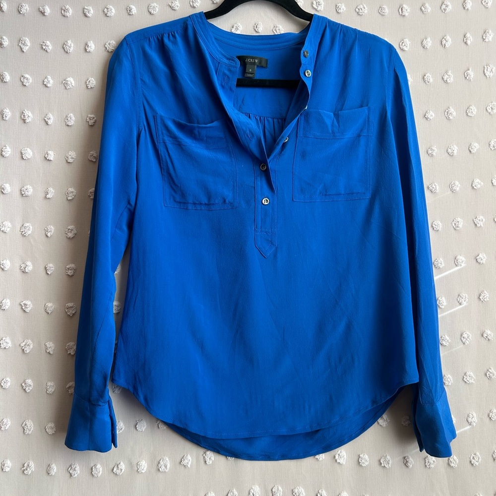J. Crew 100% Silk Long Sleeve Quarter Button Top‎ Sz 0 Cobalt Blue